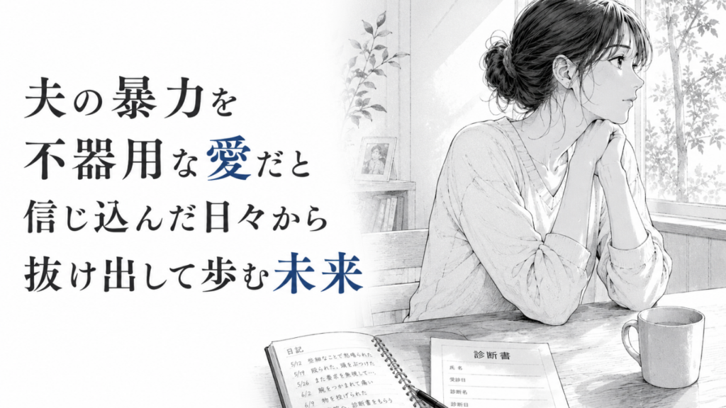夫の支配から離れ、明るい窓の外を見つめながら新しい未来へ進む決意を固める女性のモノクロ漫画イラスト