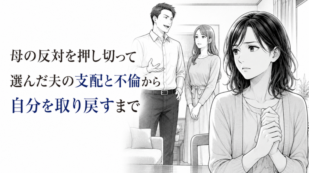 支配的な夫と不倫相手を背に、緊張しながらも自分の人生を取り戻そうと決意する女性のモノクロ漫画イラスト