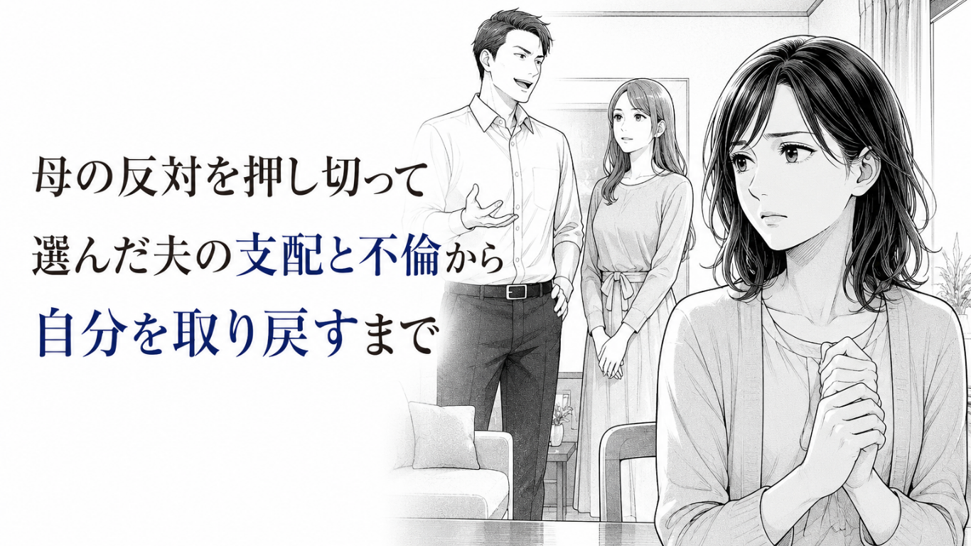 支配的な夫と不倫相手を背に、緊張しながらも自分の人生を取り戻そうと決意する女性のモノクロ漫画イラスト
