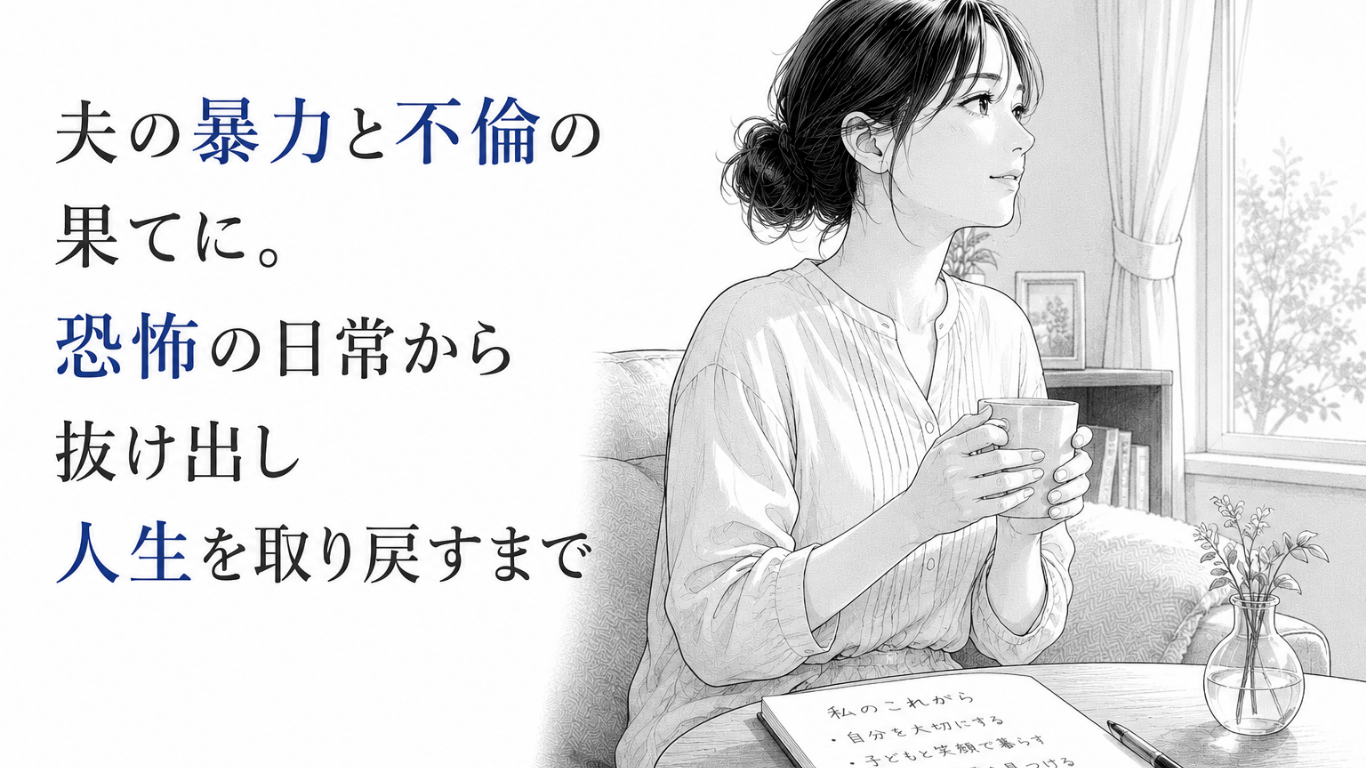 明るい窓辺で温かい飲み物を手にし、恐怖の日々を離れて穏やかな生活を取り戻した女性のモノクロ漫画イラスト