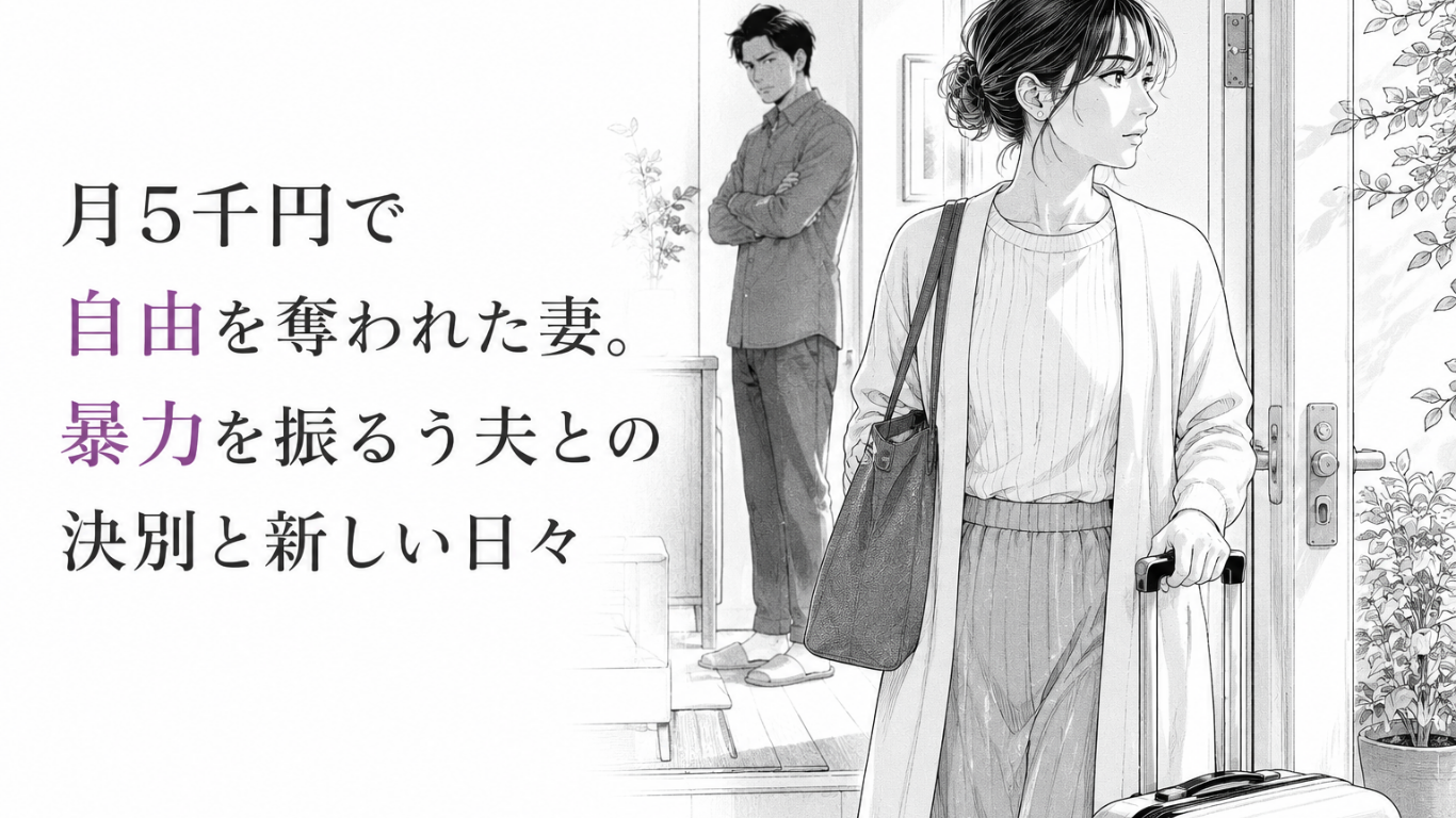 支配的な夫を家に残し、荷物を手に玄関から新しい生活へ踏み出す妻のモノクロ漫画イラスト