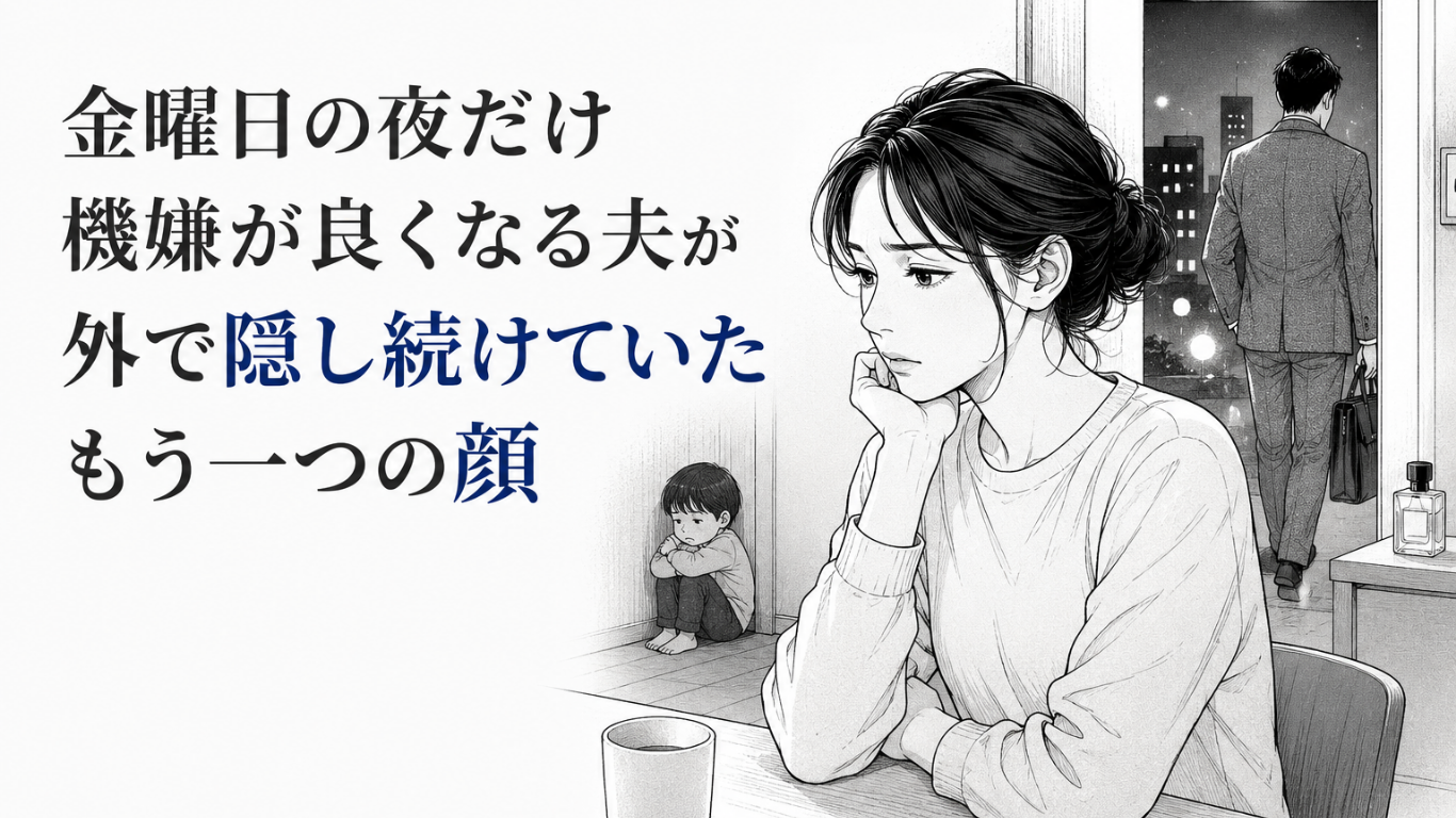 夜の室内で思い詰める妻と、物陰で怯える幼い子ども、外出する夫を描いたモノクロ漫画イラスト