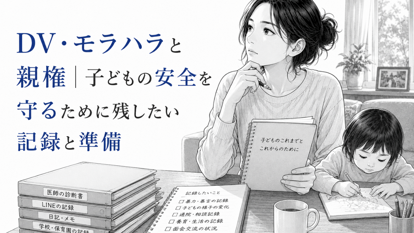 子どものそばで養育記録や診断書を整理し、親権と安全確保の準備を進める母親のモノクロ漫画イラスト