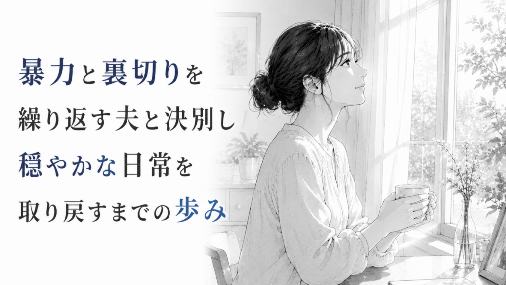 朝の光が差す室内で温かな飲み物を手にし、暴力と裏切りから離れて穏やかな日常を取り戻した女性のモノクロ漫画イラスト