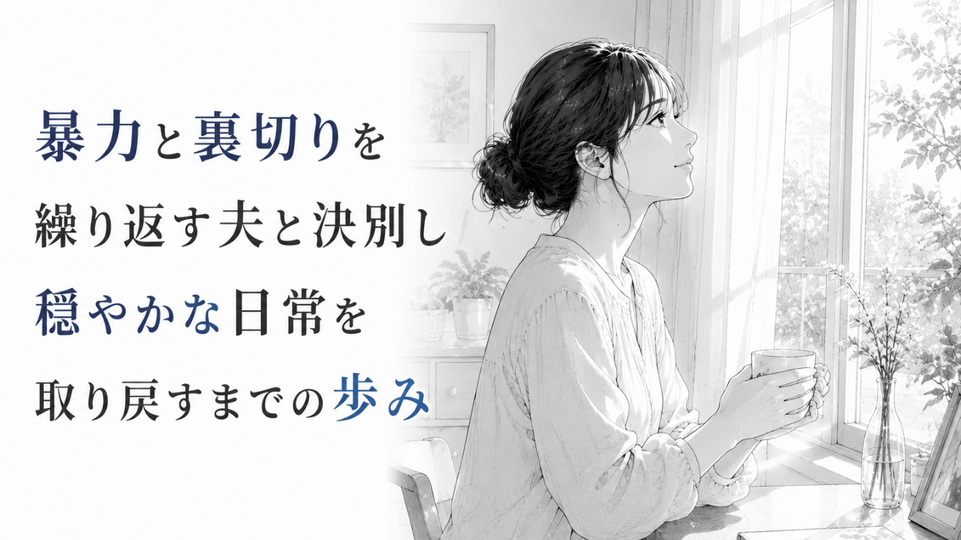 朝の光が差す室内で温かな飲み物を手にし、暴力と裏切りから離れて穏やかな日常を取り戻した女性のモノクロ漫画イラスト