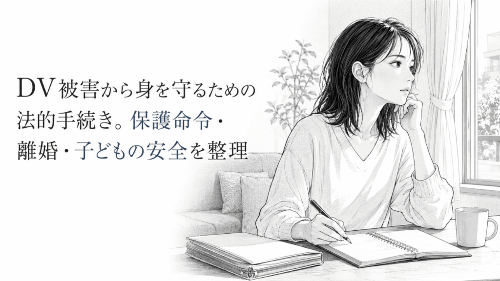 窓辺の机で書類を整理しながら、静かな表情で外を見つめる女性。DV被害からの安全確保と法的手続きを象徴する場面。