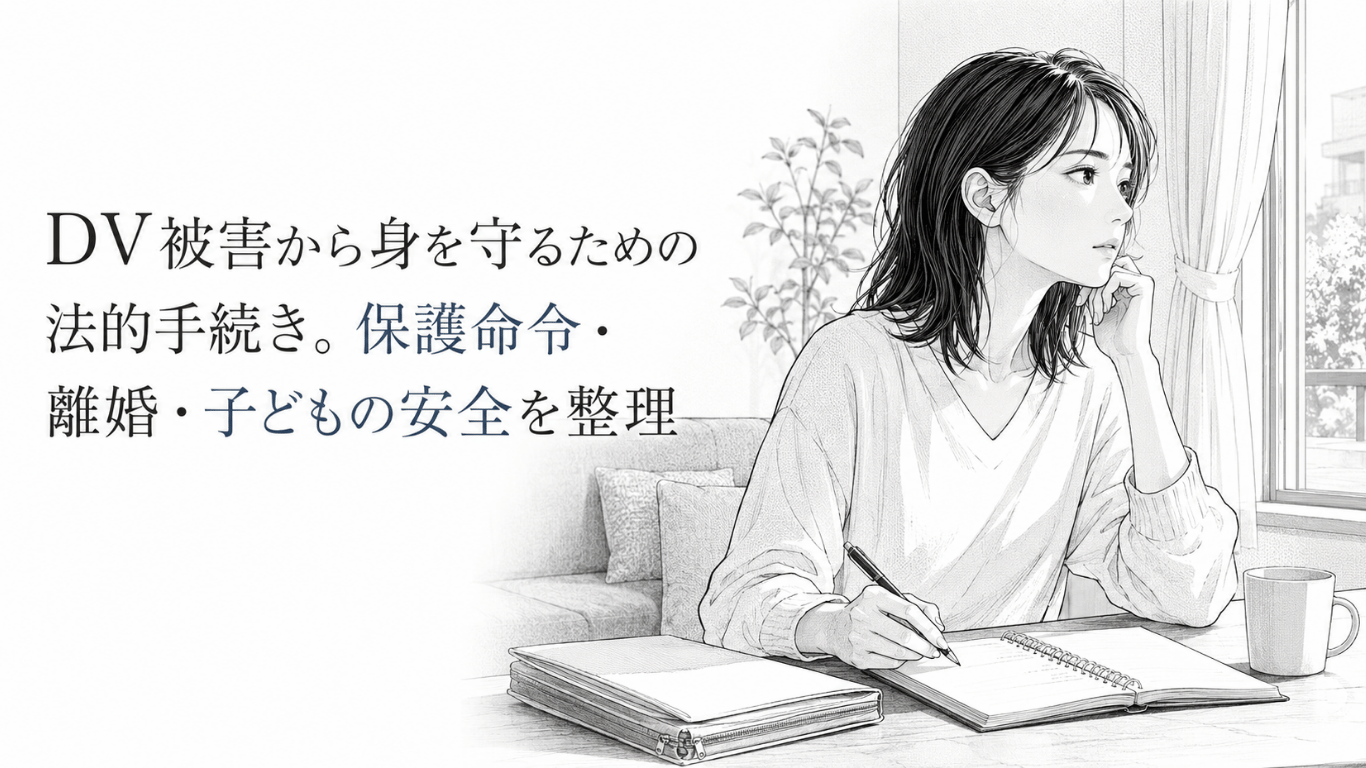 窓辺の机で書類を整理しながら、静かな表情で外を見つめる女性。DV被害からの安全確保と法的手続きを象徴する場面。