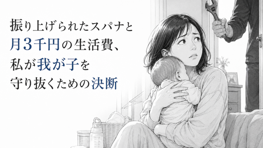 スパナを手にした夫に怯えながら、幼い我が子を強く抱きしめて守ろうとする母親の姿