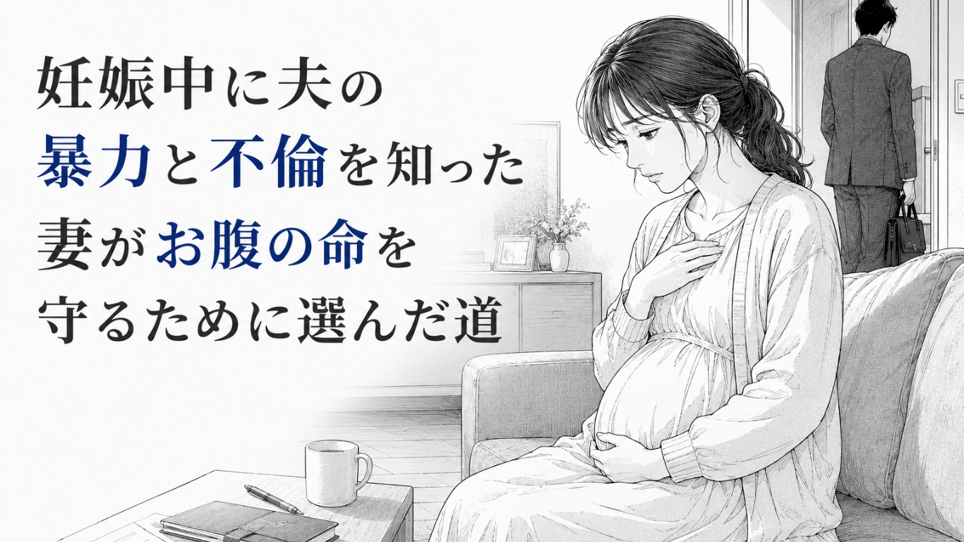 薄暗い室内でお腹を守るように座る妊婦と、背を向けて立ち去る夫を描いたモノクロ漫画イラスト
