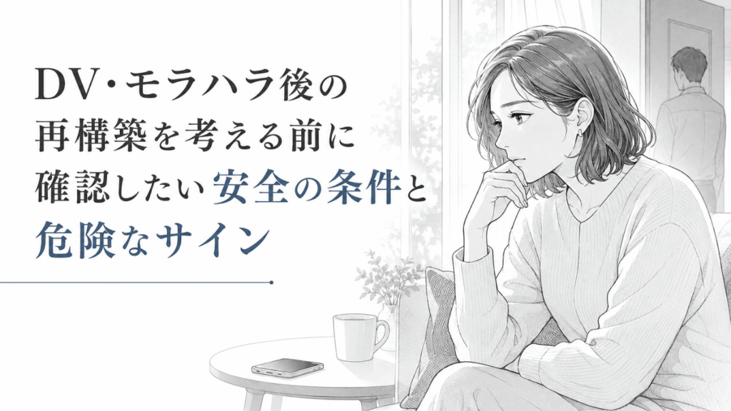 DV・モラハラ後の再構築を前に、安全と危険な兆候を慎重に見極める女性を描いたモノクロ漫画イラスト
