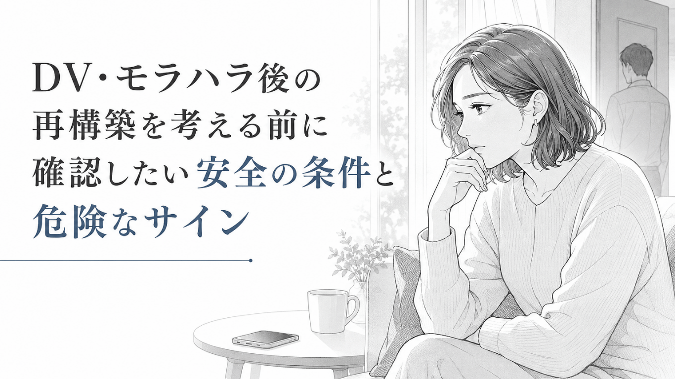DV・モラハラ後の再構築を前に、安全と危険な兆候を慎重に見極める女性を描いたモノクロ漫画イラスト
