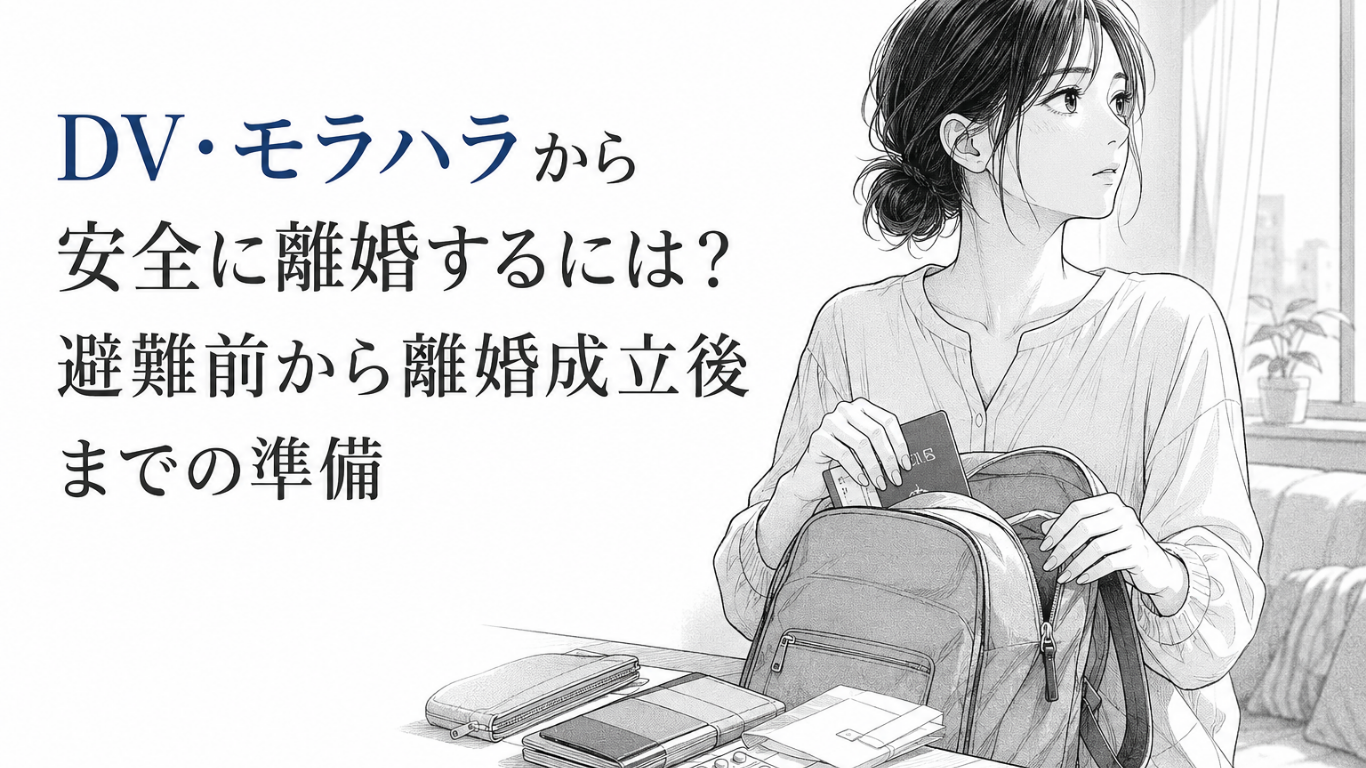 避難用のリュックに重要書類や薬を詰めながら、窓の外を警戒する女性を描いたモノクロ漫画イラスト