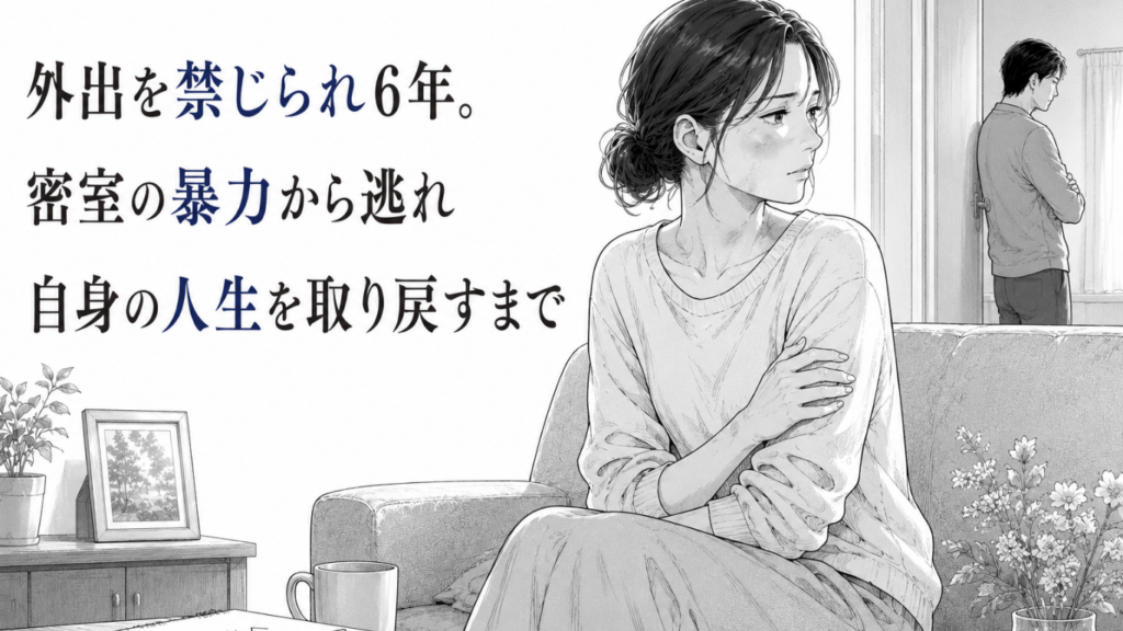 外出を禁じられた家で腕を抱え、不安な表情を浮かべる女性と背後の夫を描いたモノクロ漫画イラスト