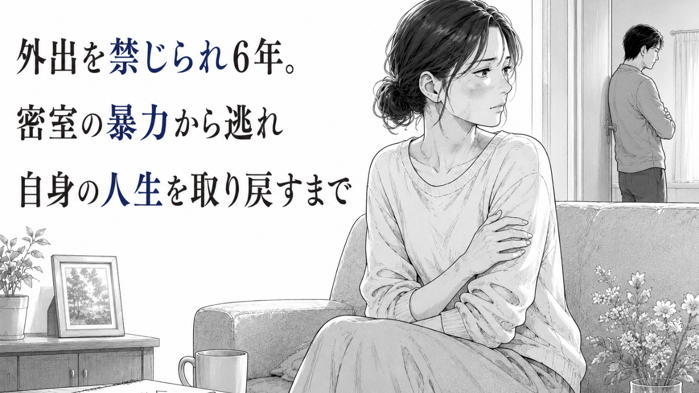 外出を禁じられた家で腕を抱え、不安な表情を浮かべる女性と背後の夫を描いたモノクロ漫画イラスト