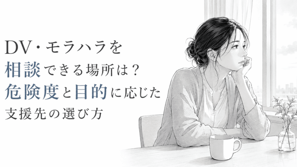 窓辺で不安げに考え込む女性を描いた、DV・モラハラの相談先選びを象徴するモノクロ漫画イラスト