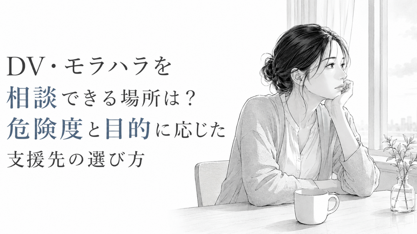 窓辺で不安げに考え込む女性を描いた、DV・モラハラの相談先選びを象徴するモノクロ漫画イラスト