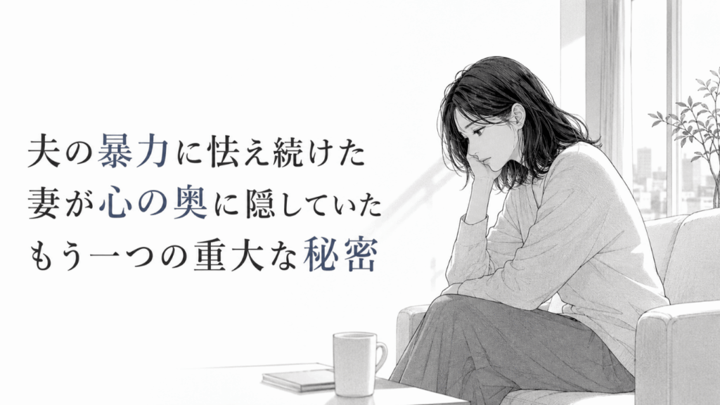窓辺のソファでうつむく妻が、暴力への恐怖と胸に隠した秘密の重さを静かに抱えるモノクロ漫画。