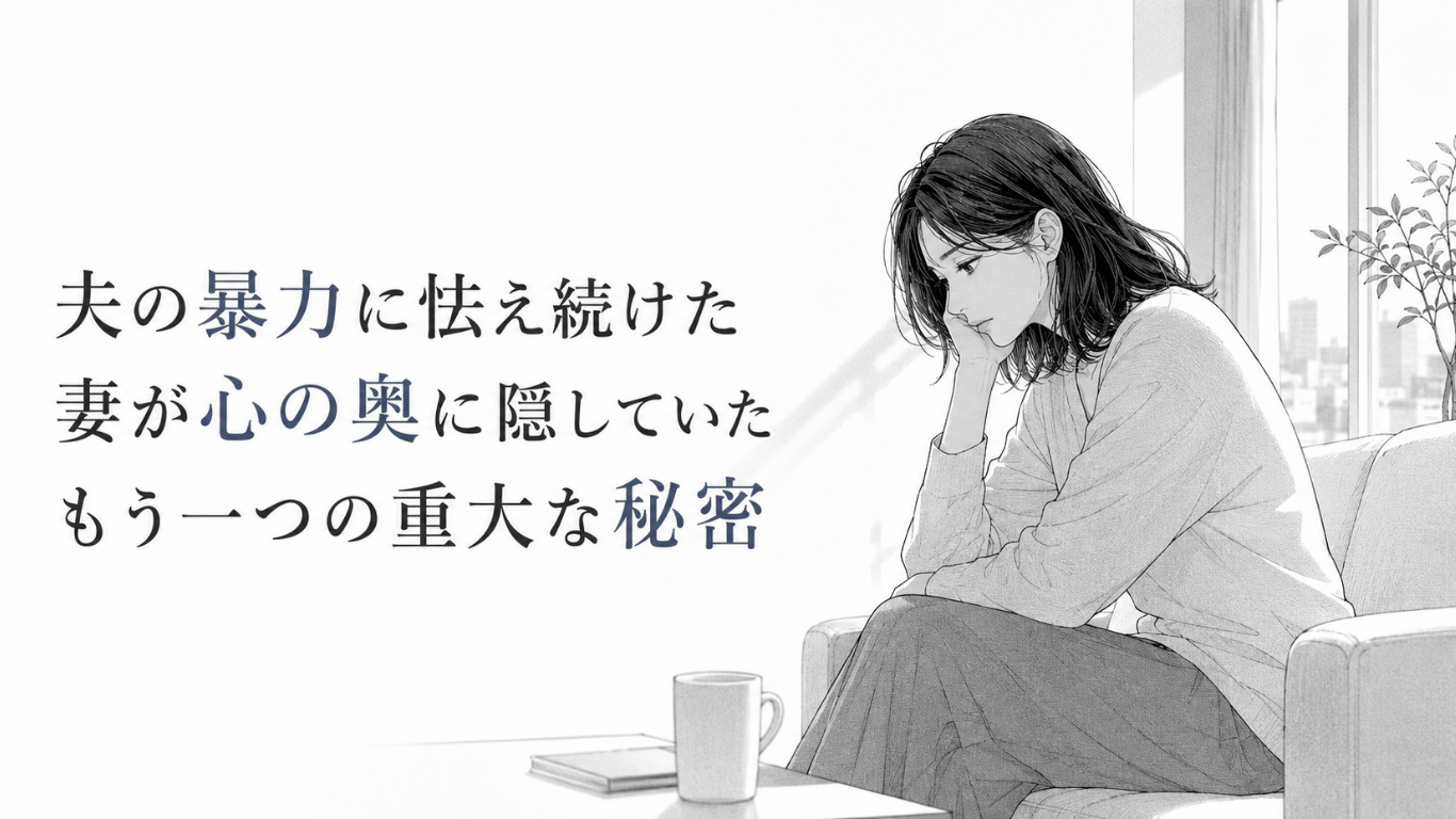 窓辺のソファでうつむく妻が、暴力への恐怖と胸に隠した秘密の重さを静かに抱えるモノクロ漫画。