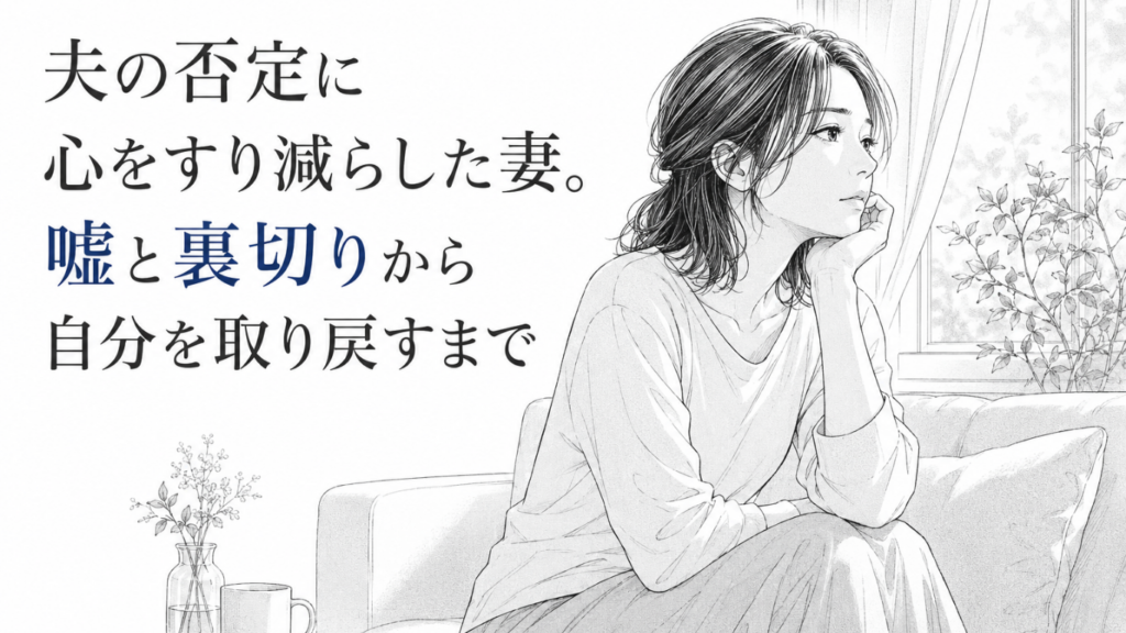 冷たい窓辺のソファで頬杖をつき、傷ついた心を抱えながら静かに前を向く妻のモノクロ漫画イラスト