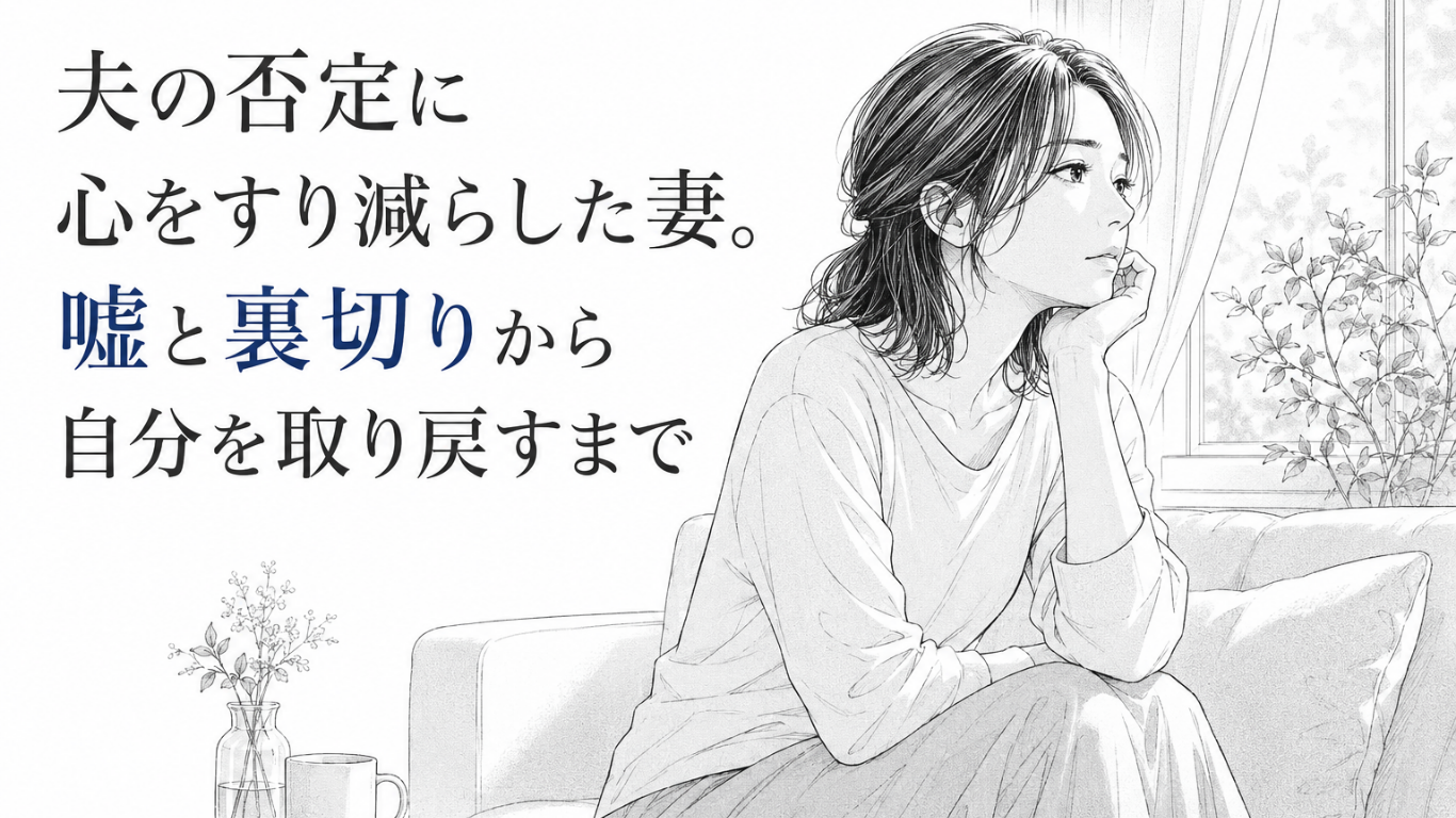 冷たい窓辺のソファで頬杖をつき、傷ついた心を抱えながら静かに前を向く妻のモノクロ漫画イラスト