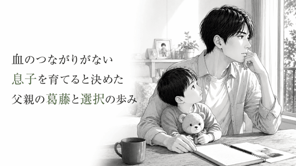 明るい室内で、ぬいぐるみを抱く幼い息子に寄り添いながら、窓の外を見つめて考え込む父親。血のつながりを超えて子どもを育てる決意と葛藤を表したモノクロイラスト。