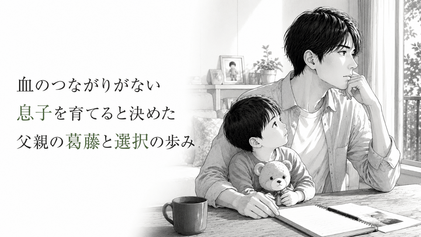 明るい室内で、ぬいぐるみを抱く幼い息子に寄り添いながら、窓の外を見つめて考え込む父親。血のつながりを超えて子どもを育てる決意と葛藤を表したモノクロイラスト。