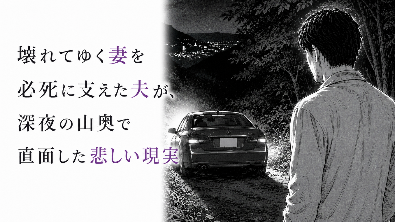 深夜の山奥で停車した車を見つめ、悲しい現実に立ち尽くす夫を描いたモノクロ漫画イラスト