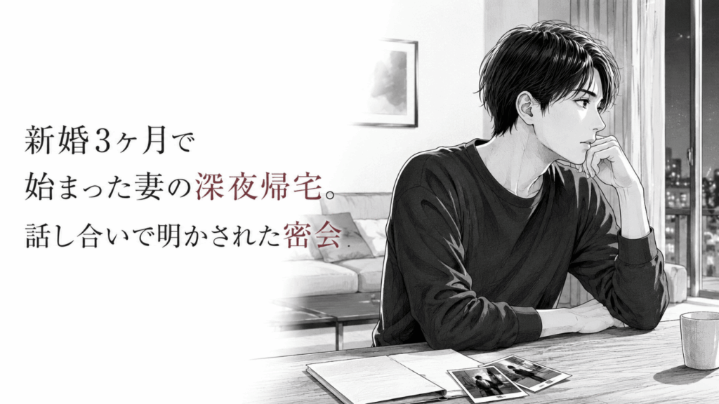 夜の窓辺で机に向かい、写真や書類を前に思い詰めた表情で考え込む男性。不倫の疑念と話し合いで明かされた真実をイメージしたモノクロのビジュアル。