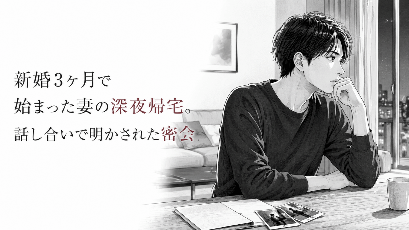 夜の窓辺で机に向かい、写真や書類を前に思い詰めた表情で考え込む男性。不倫の疑念と話し合いで明かされた真実をイメージしたモノクロのビジュアル。