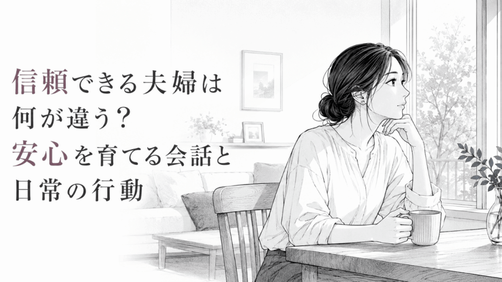 窓辺のテーブルでカップを手に、夫婦の信頼と安心について静かに考える女性のモノクロ線画