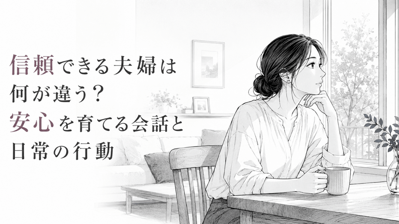 窓辺のテーブルでカップを手に、夫婦の信頼と安心について静かに考える女性のモノクロ線画