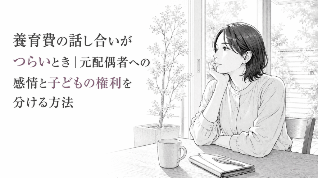 窓辺のテーブルで頬杖をつき、ノートとカップを前に静かに考え込む女性のモノクロ線画