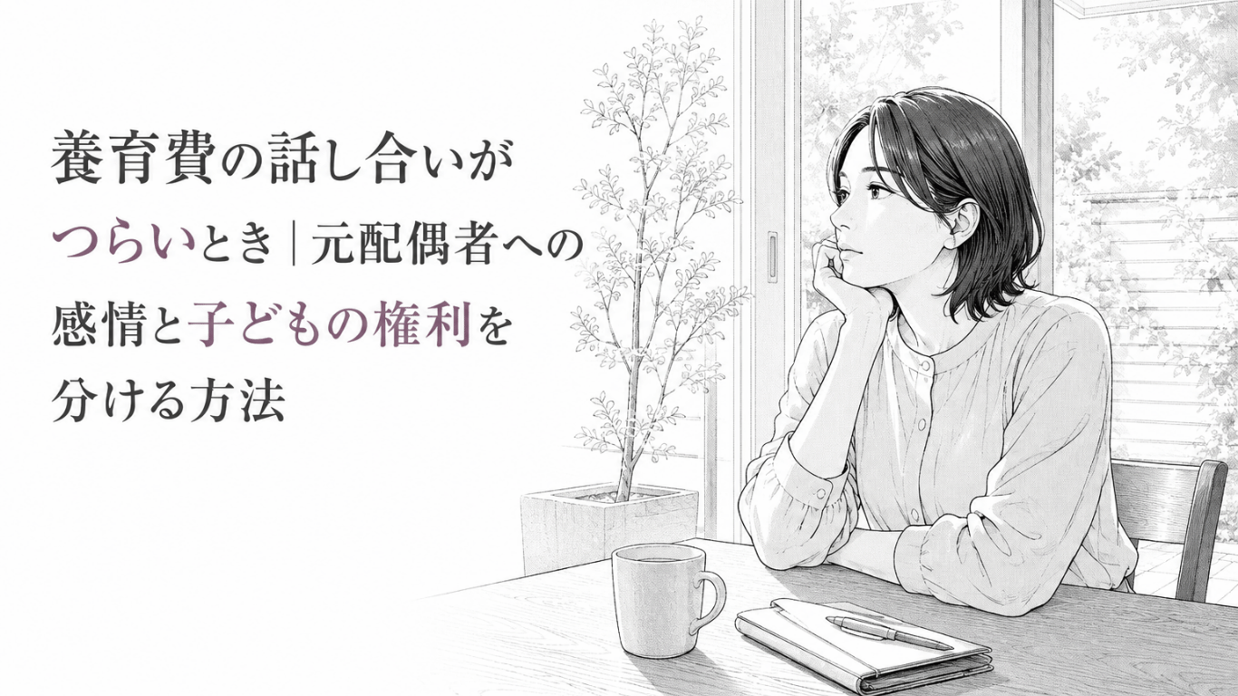 窓辺のテーブルで頬杖をつき、ノートとカップを前に静かに考え込む女性のモノクロ線画