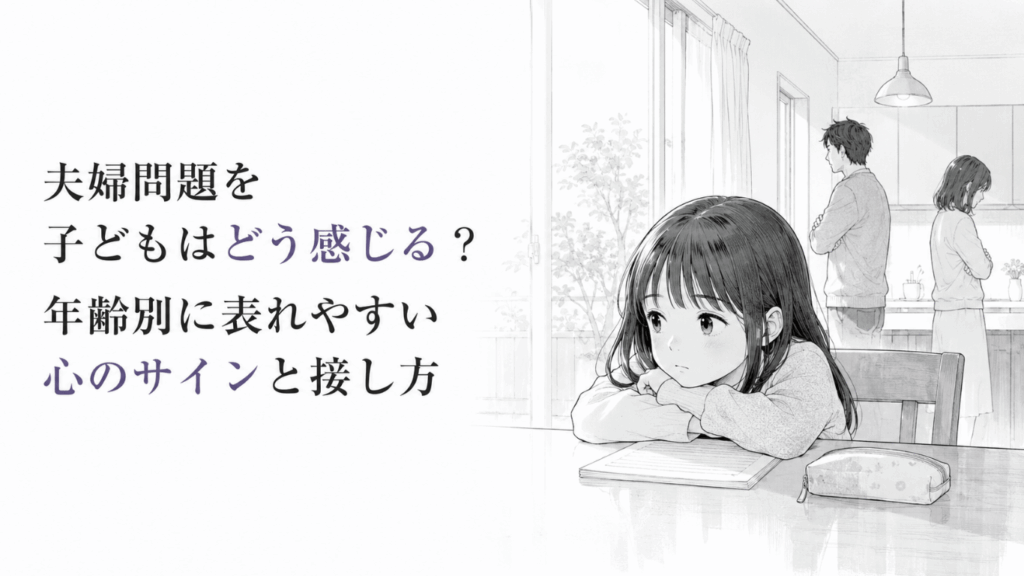 食卓で不安げにうつむく少女と、距離を置いて立つ両親を描いた静かな家庭の場面