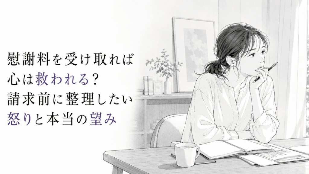 机上の書類とノートを前に、慰謝料請求への怒りと本当の望みを静かに整理する女性の線画イラスト