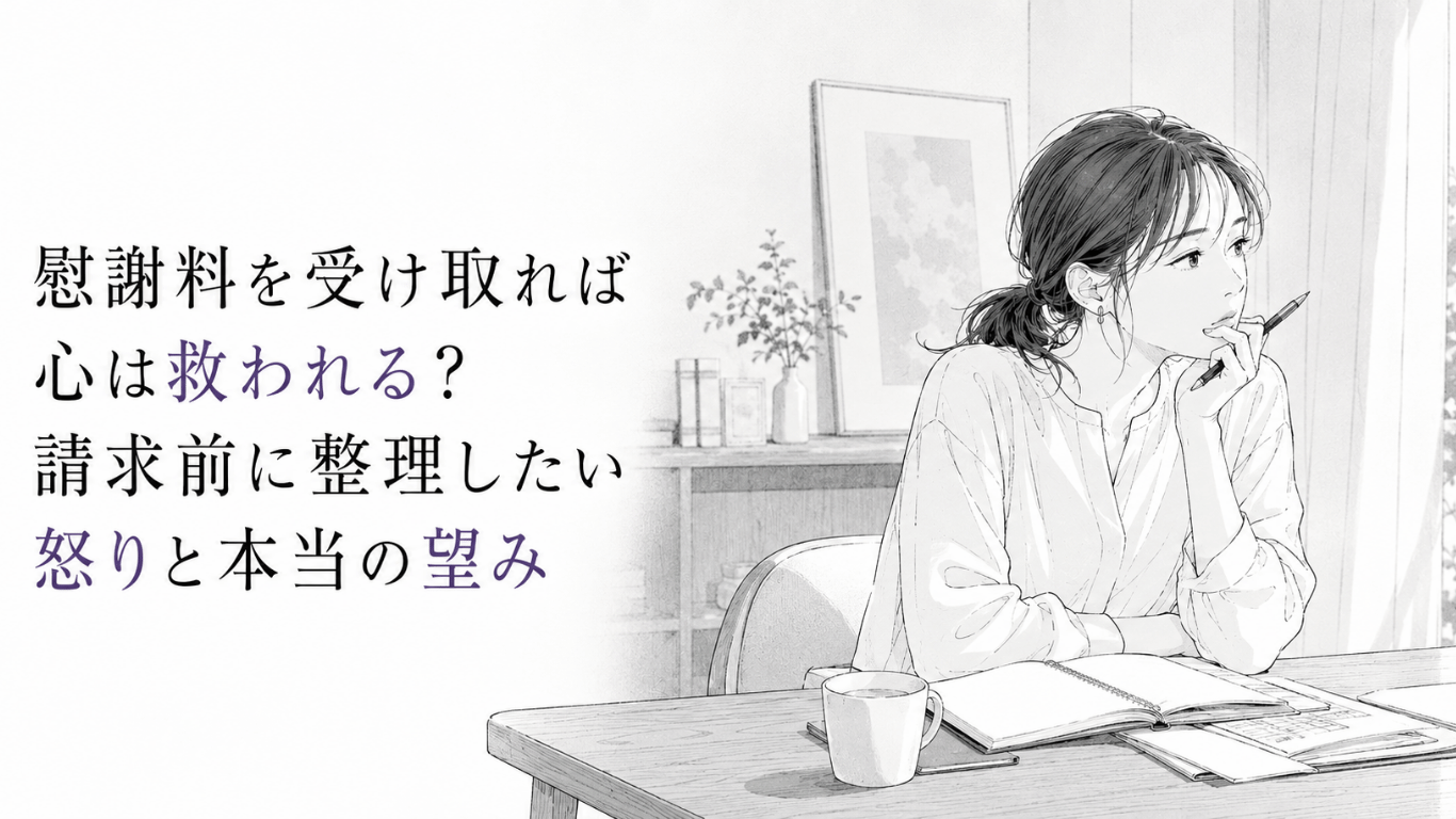 机上の書類とノートを前に、慰謝料請求への怒りと本当の望みを静かに整理する女性の線画イラスト