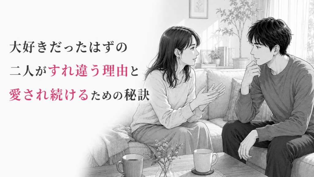 自宅のソファで向き合い、穏やかに言葉を交わしながら関係を見つめ直す男女のモノクロ漫画イラスト