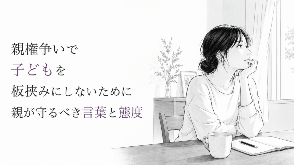 窓辺の食卓でノートを前に静かに考え込む女性。子どもの安心を守ろうとする葛藤がにじむ。