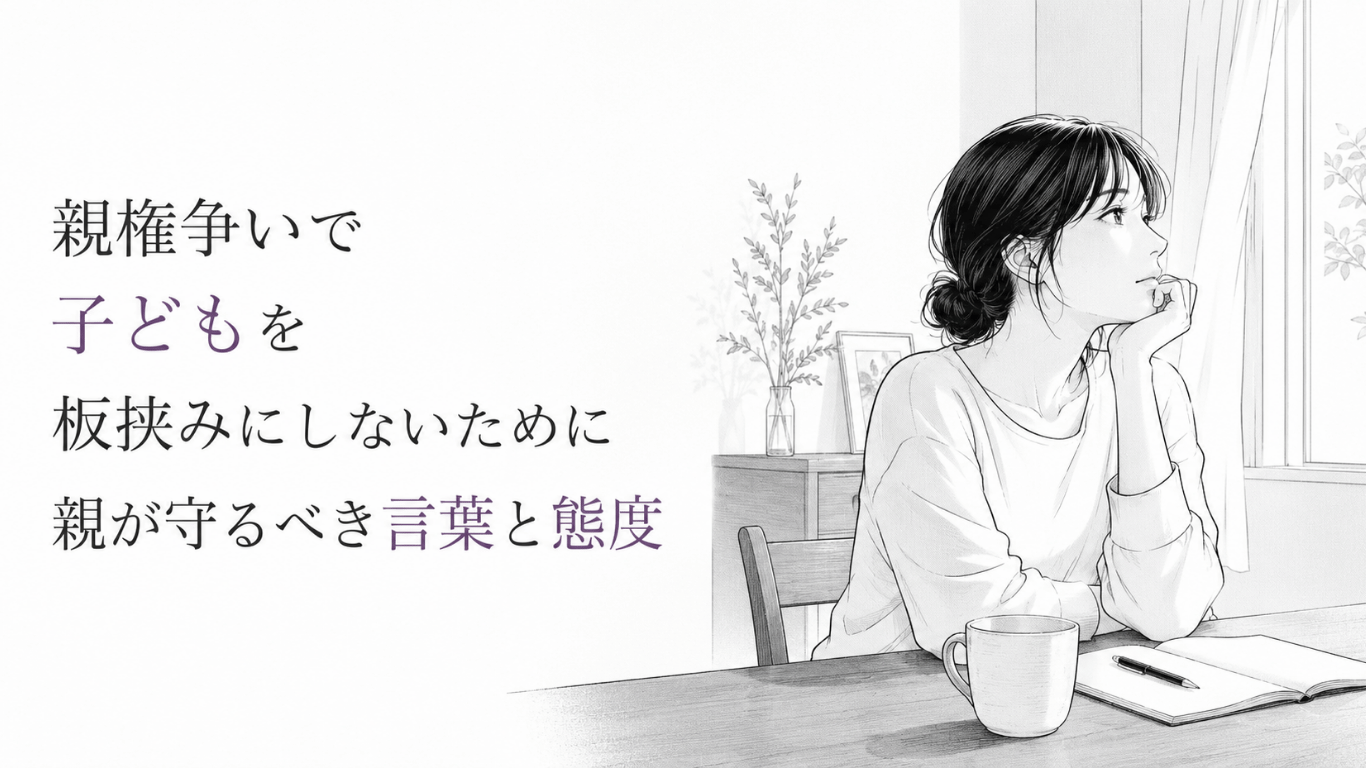 窓辺の食卓でノートを前に静かに考え込む女性。子どもの安心を守ろうとする葛藤がにじむ。