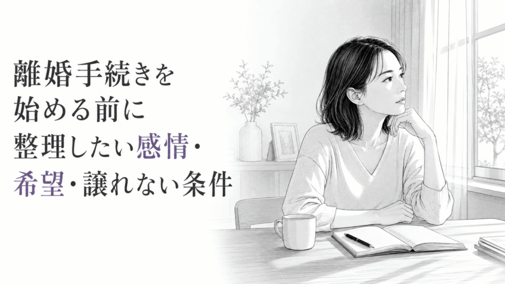 離婚前の気持ちと希望を整理するため、ノートを前に静かに考える女性のモノクロ線画。