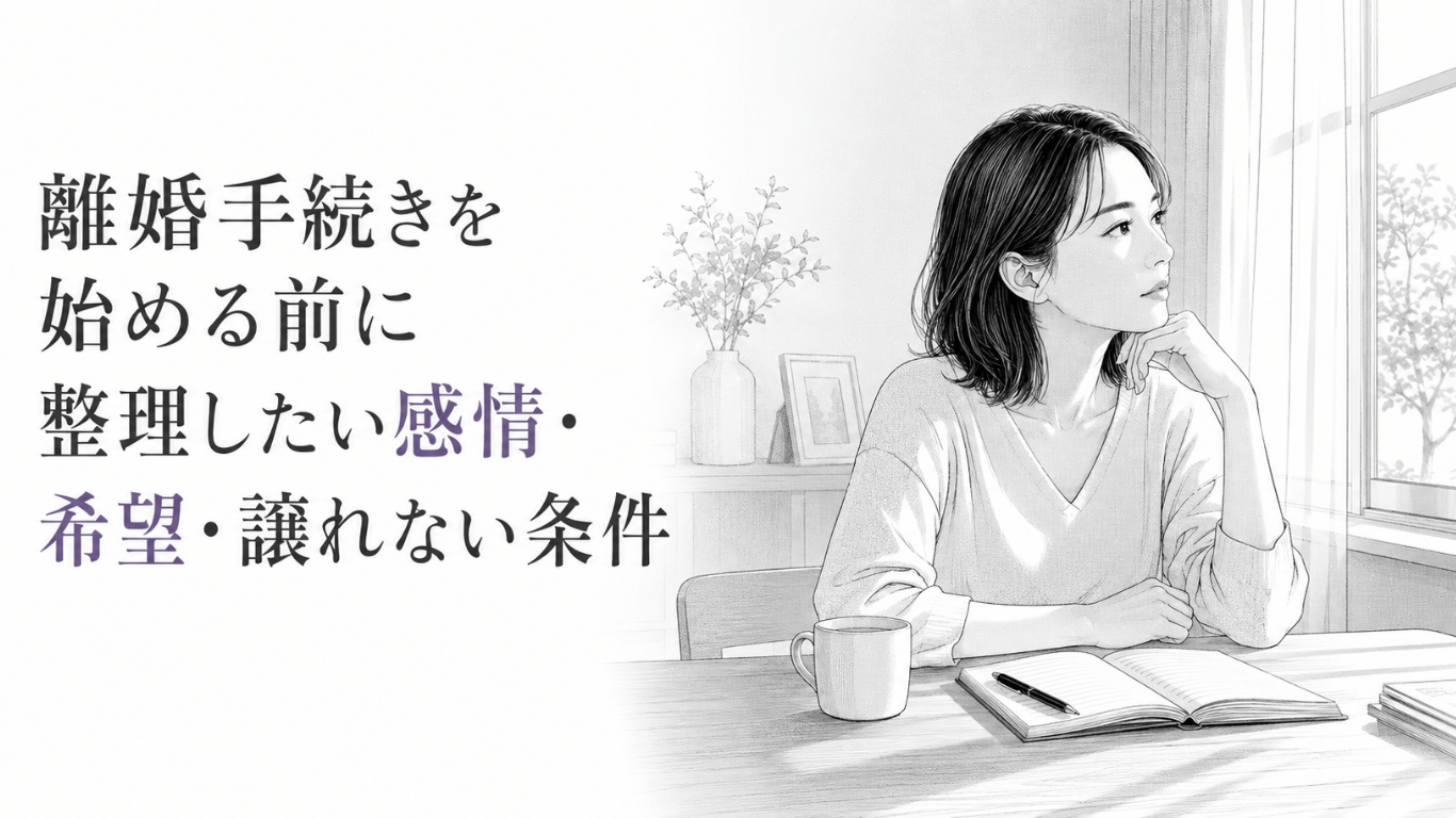 離婚前の気持ちと希望を整理するため、ノートを前に静かに考える女性のモノクロ線画。