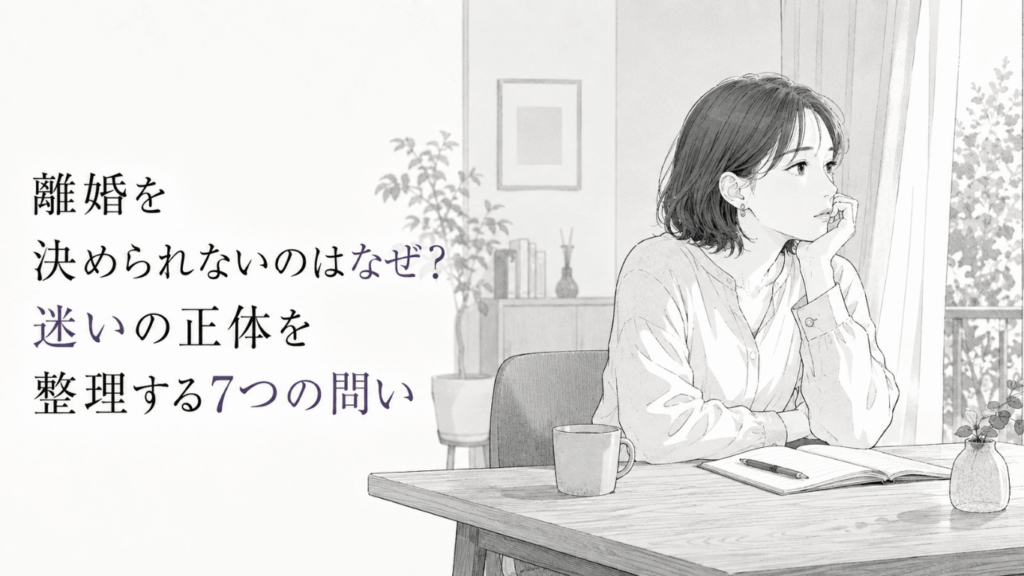 窓辺のテーブルでノートを前に、離婚への迷いと向き合い静かに考え込む女性の線画イラスト