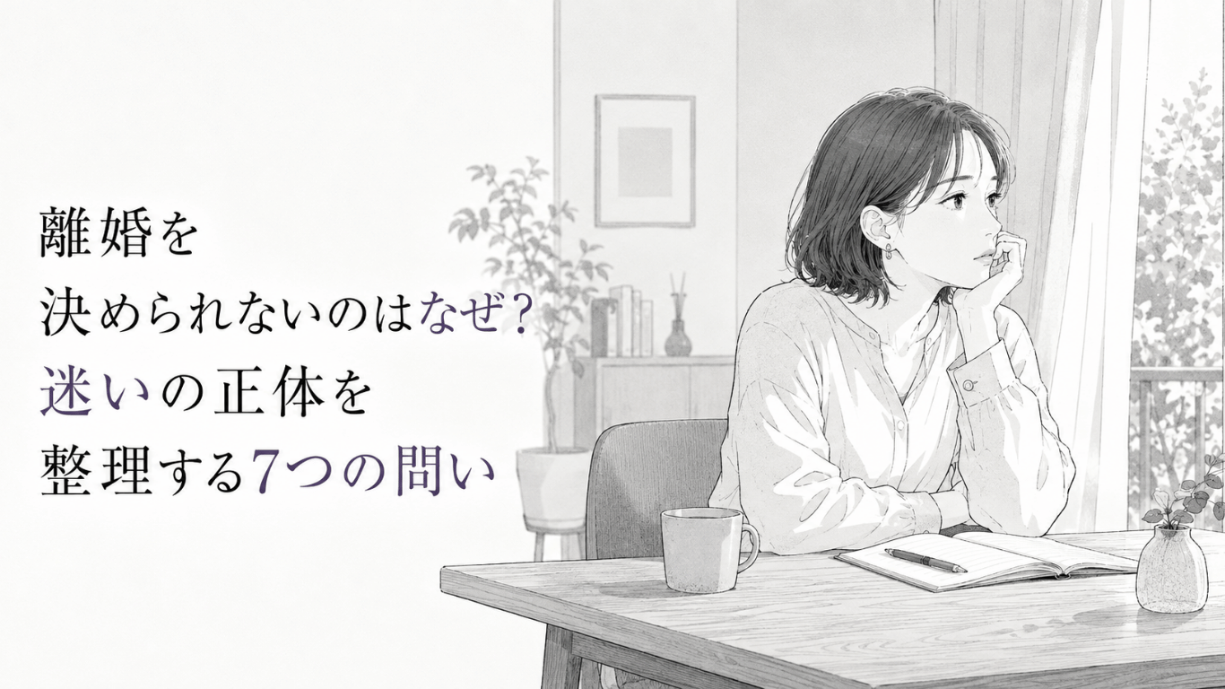 窓辺のテーブルでノートを前に、離婚への迷いと向き合い静かに考え込む女性の線画イラスト