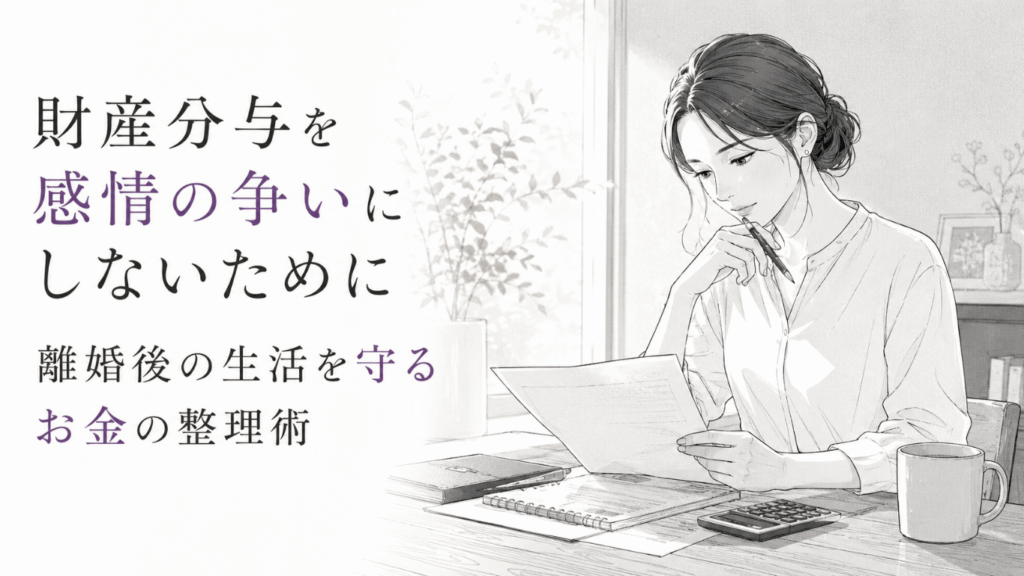 離婚後の生活を見据え、書類と電卓を前に財産分与を冷静に整理する女性のモノクロ線画。