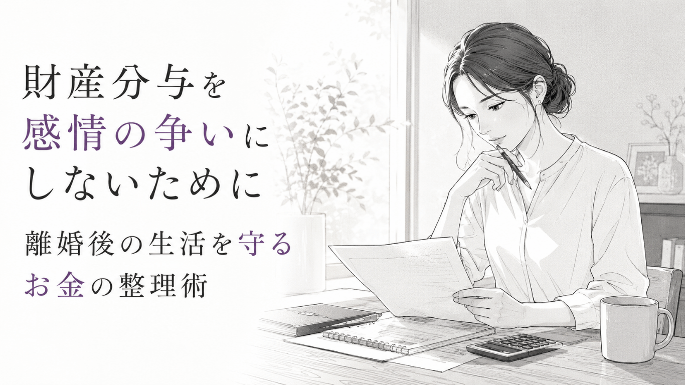 離婚後の生活を見据え、書類と電卓を前に財産分与を冷静に整理する女性のモノクロ線画。