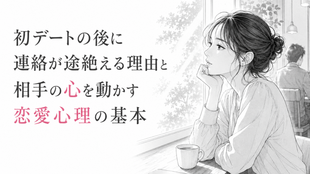 カフェの窓辺でスマートフォンを前に、初デート後の連絡を静かに待つ女性を描いたモノクロ漫画イラスト