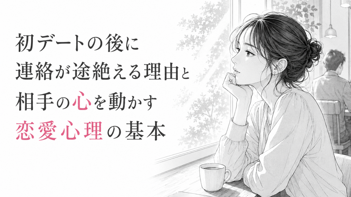 カフェの窓辺でスマートフォンを前に、初デート後の連絡を静かに待つ女性を描いたモノクロ漫画イラスト
