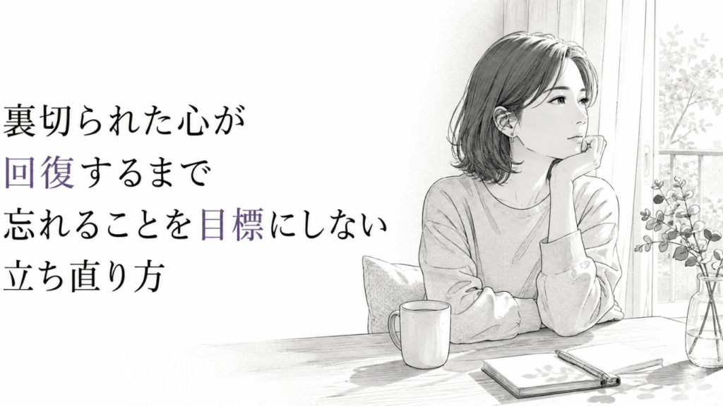 窓辺のテーブルで頬杖をつき、静かに外を見つめながら心の回復と向き合う女性の線画イラスト