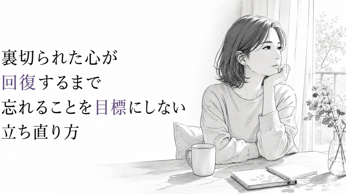 窓辺のテーブルで頬杖をつき、静かに外を見つめながら心の回復と向き合う女性の線画イラスト