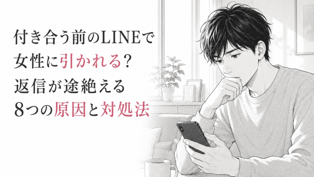朝の室内でスマートフォンを見つめ、返信が途絶えたことに悩む若い男性のモノクロ漫画イラスト